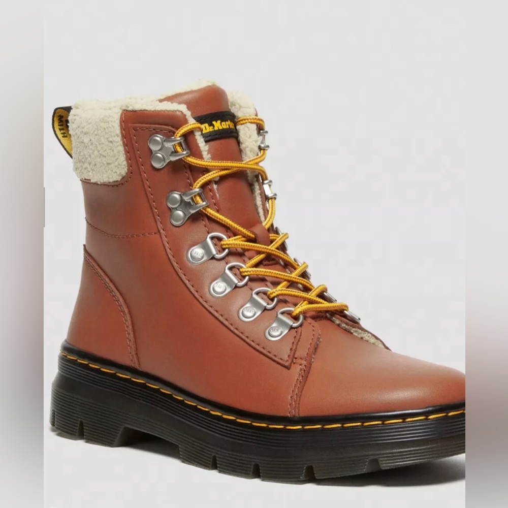 Dr Martens COMBS Tan Oiled Full Grain Wp+Boogie Fur FAUX FUR-LINED BOOTS size 10